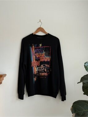 Harlow Black Crewneck Sweater with Retro Multicolor Car Graphic